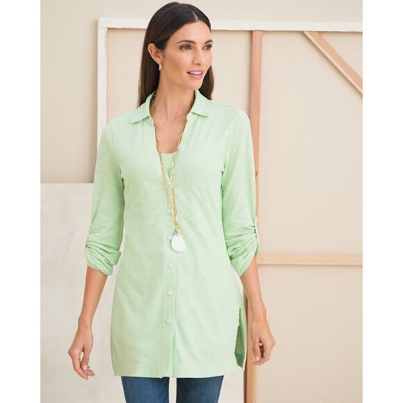 Chico's Tunic Top 2 L Cotton Blend Slub Button Front Knit Long Sleeve Mint NWT - Picture 1 of 13